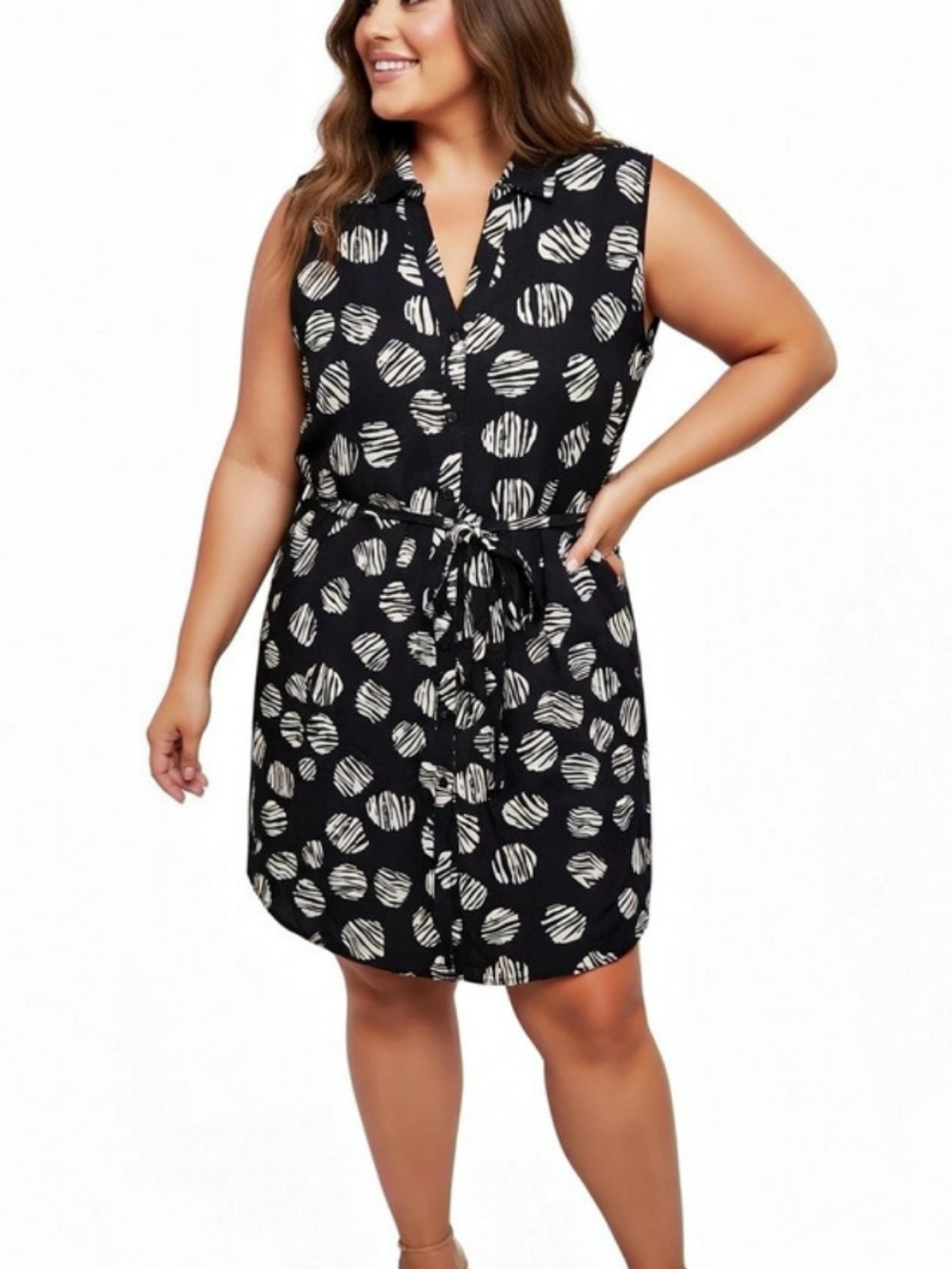 Claire France Black & Cream Geometric Sleeveless Linen Blend Midi Dress Size 22